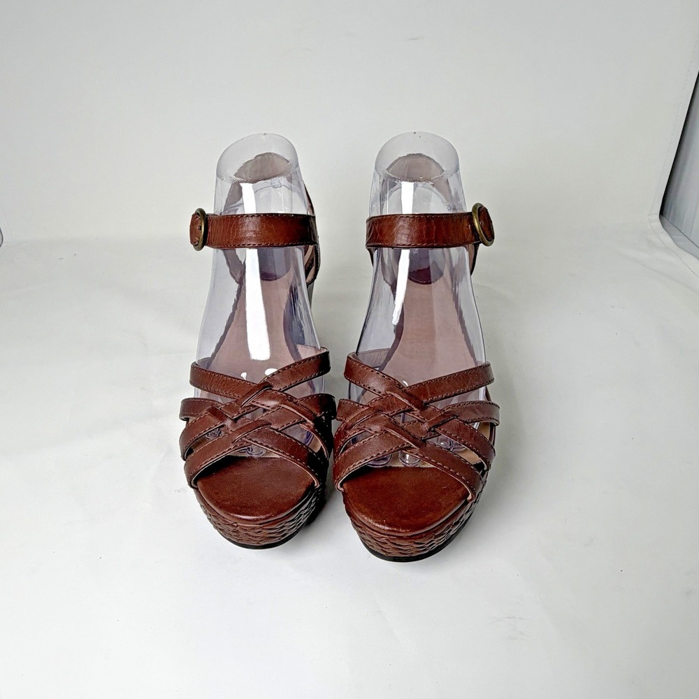FRYE & CO CARLIE 2 PIECE LEATHER ANKLE STRAP BROWN PLATFORM WEDGE SANDALS 8M NWB - Picture 2 of 12